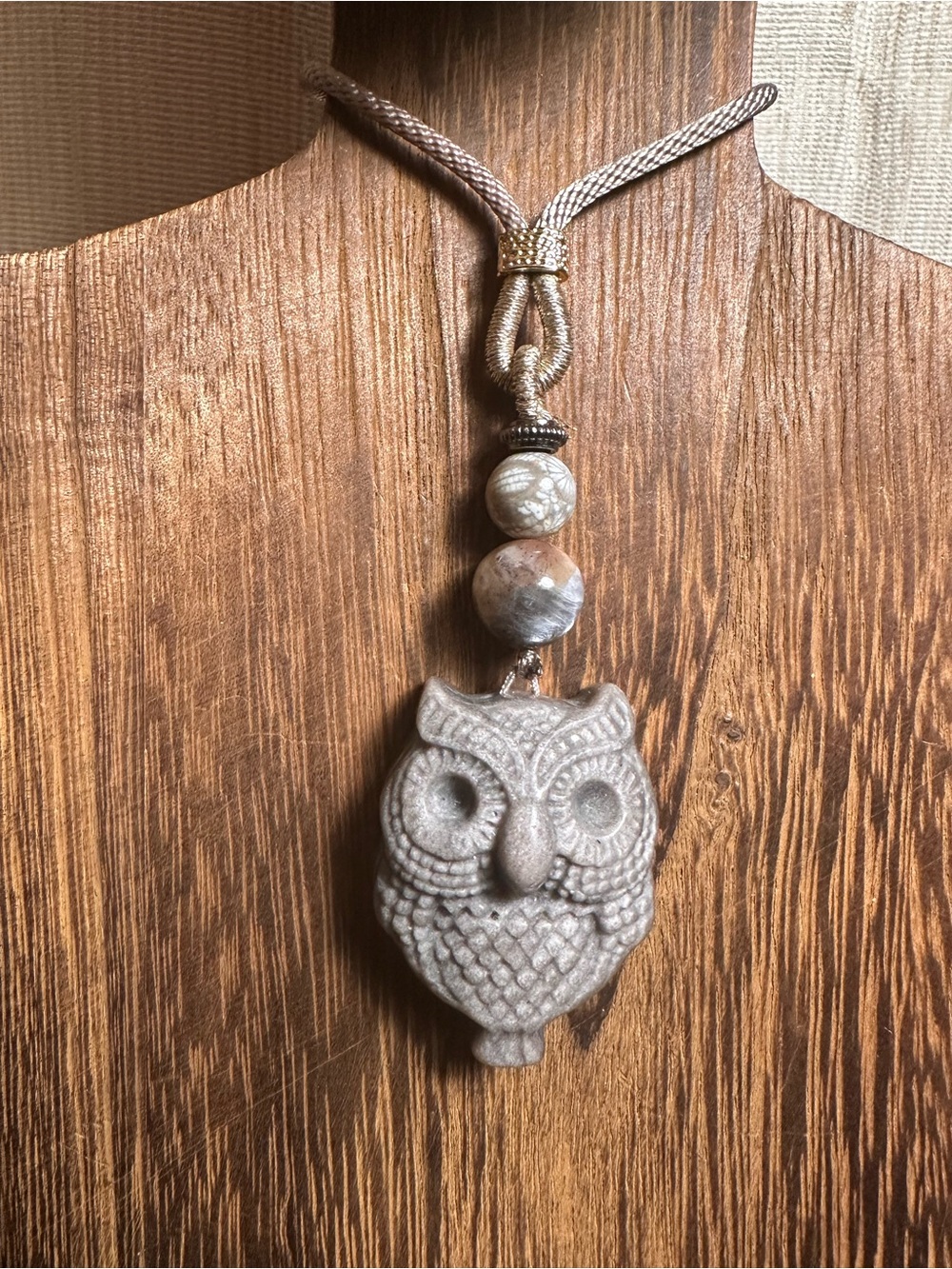 Alashan Agate Owl Pendant Necklace with Sunstone and Coral Fossil on Rope